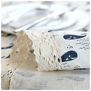 Modern minimalist linen tablecloth with blue whale prints and crochet lace edges