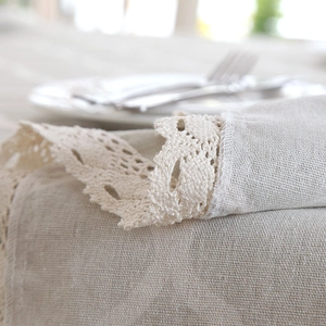 Modern geometric grey lace tablecloth with delicate cotton linen textured crochet trim