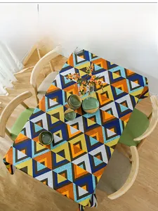 Close-up of modern geometric triangle pattern on thick cotton canvas tablecloth