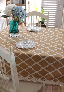 Detail of geometric clover pattern polyester-cotton tablecloth with white lace edges
