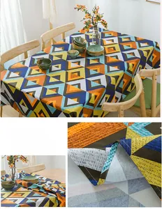 Close-up of thick cotton canvas tablecloth with geometric V-shape patterns and textures