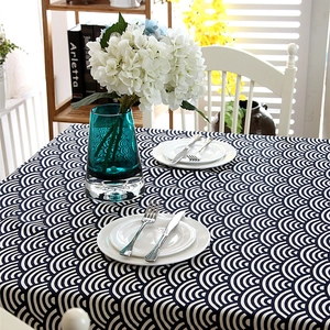Japanese Style Wave Pattern Polyester Tablecloth Geometric Plaid Rectangular Table Cover With Lace Edge For Kitchen Home Decor