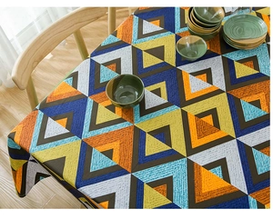 Detail of bohemian geometric triangular pattern on thick cotton canvas tablecloth