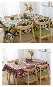 Close-up of thick cotton canvas tablecloth with geometric V-shape triangle patterns