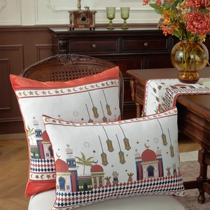 EID Mubarak pillow covers and table runner set with mosque and star moon patterns