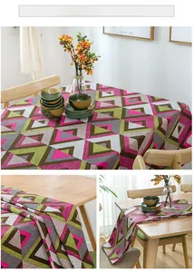 Detail of geometric triangle pattern on thick cotton canvas tablecloth with neat stitching