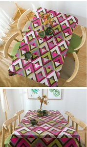 Detail of bohemian geometric cotton canvas tablecloth with thick woven texture and color