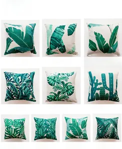 Detail view of cotton linen pillow covers with diverse tropical plant prints from JC-001 to JC-010
