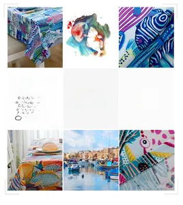Detailed close-up of thick cotton tablecloth featuring tropical fish patterns and hemmed edges
