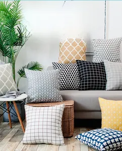 Detail view of Nordic style cotton linen blend cushion covers with geometric patterns