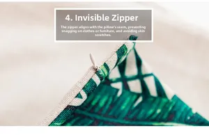 Macro detail of the invisible zipper and tropical leaf print on linen cushion cover