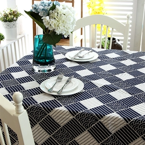 Japanese style navy blue plaid cotton linen tablecloth with wave patterns and lace edges
