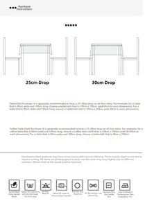 Size guide and washing instructions for geometric cotton canvas tablecloths and runners
