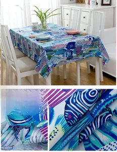 Close-up of tropical fish pattern on thick cotton tablecloth with durable stitched edges