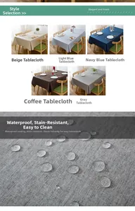 Waterproof linen-textured rectangular tablecloth in five colors with detailed drip test