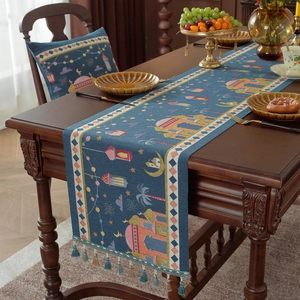 Navy jacquard table runner with mosque, stars, and moon patterns with elegant tassels