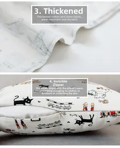 Detail of thickened cotton linen fabric and hidden zipper on cartoon cat cushion cover