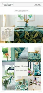 Macro view of thick cotton canvas tablecloth with green and yellow tropical leaf print