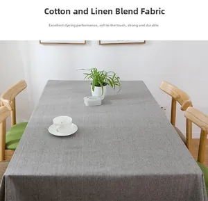 Detail of durable grey cotton linen blend rectangular tablecloth with soft fabric texture