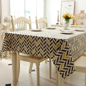 Detailed view of grey and yellow chevron pattern on durable cotton linen tablecloth