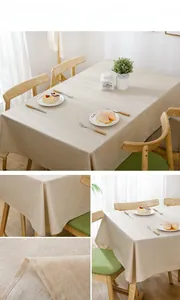 Detail of beige waterproof linen tablecloth showing fabric texture and edge stitching