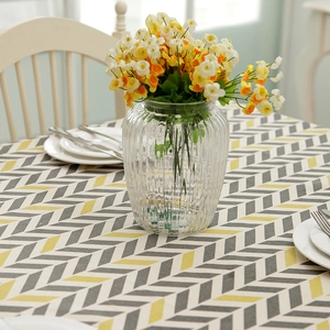 Modern grey and yellow geometric herringbone pattern tablecloth in linen cotton blend