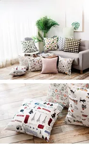 Detail of Nordic cotton linen square cushions with forest and Paris travel prints