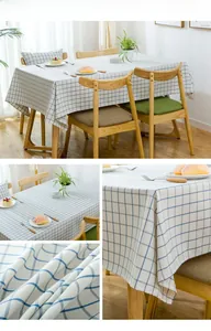 Detail view of blue and white checkered tablecloth with woven texture and clean edges
