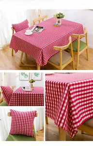 Close-up of pink checkered waterproof tablecloth and matching cushion cover set