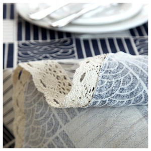 Japanese style polyester cotton tablecloth with blue waves and beige lace edge