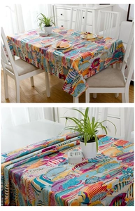 Detailed view of colorful tropical fish print on thick cotton tablecloth fabric texture