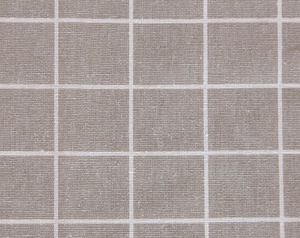 Close-up of beige polyester-cotton tablecloth showing grid texture and woven fabric detail