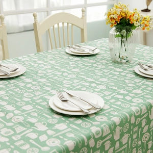 Fresh green cotton linen tablecloth with cartoon kitchenware patterns for home dining decor
