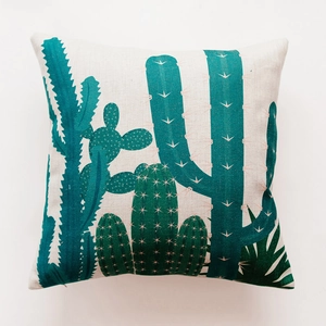 Close-up detail of heavy cotton linen fabric texture with tropical cactus print pattern