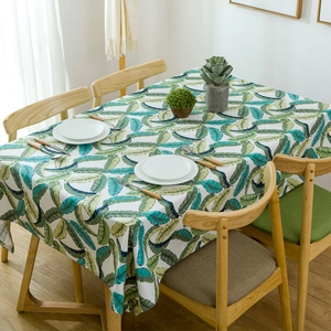 American Style Thick Cotton Canvas Tablecloth Green Leaf Feather Printed Rectangular Decorative Dining Table Cover Home Decor