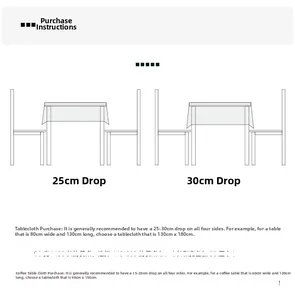 Size guide for thick cotton tablecloths showing drop length and table dimensions
