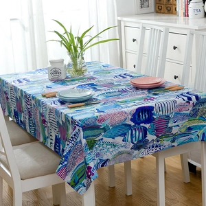 Thick cotton rectangular tablecloth featuring colorful tropical fish and ocean prints