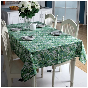 Thick cotton canvas tablecloth with green tropical palm leaf print for dining tables