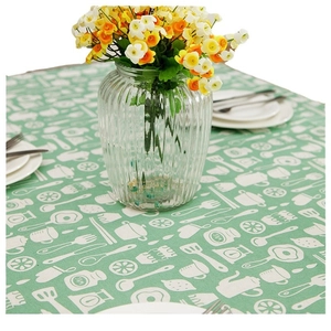 Mint green linen blend tablecloth with white cartoon kitchenware and fruit prints