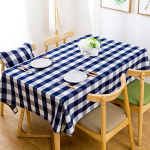 Close-up of Navy Blue and White Plaid Polyester Tablecloth on Rectangular Dining Table