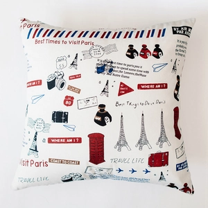 Detail showing Nordic cotton canvas cushion cover with Paris travel pattern and Eiffel Tower