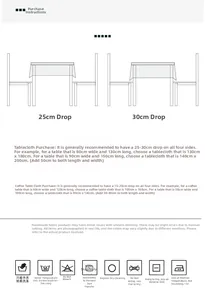 Size guide for minimalist plaid tablecloth with laundry care icons and measurement tips