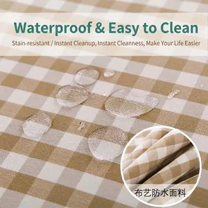 Waterproof brown and white plaid tablecloth with hydrophobic coating and yarn-dyed fabric