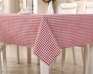 Detail of red and white gingham tablecloth showing fabric texture and neat stitching