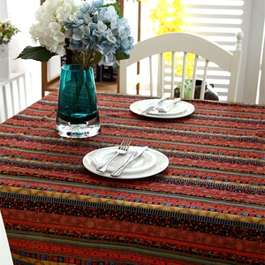 Bohemian Ethnic Style Tablecloth Polyester Cotton Blend Stripe Geometric Print With Lace Edge Gold Bronzing Dining Table Cover