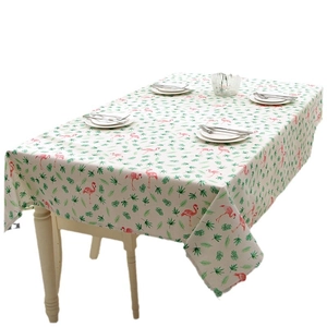 Fresh flamingo and tropical leaf print tablecloth in white polyester-cotton blend fabric