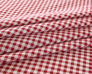 Close-up of red and white gingham tablecloth fabric showing soft cotton texture and weave