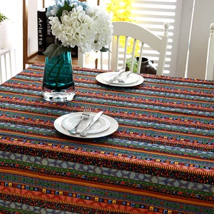 Bohemian striped linen tablecloth with colorful geometric patterns and gold stamping details