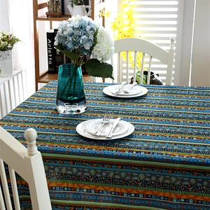 Ethnic bohemian style table cloth with colorful geometric stripes in cotton linen