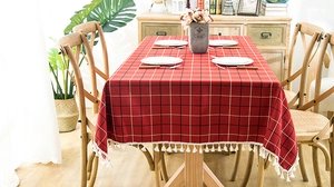 Close-up of red and black checkered waterproof tablecloth with white tassel fringe edges